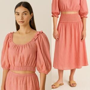 Current Air Crop Top Puff Sleeve Skirt Set Co-Ord Outfit Pink Cottagecore Small